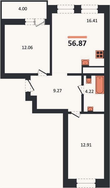 Планировка: 2-к, 56,9 м²