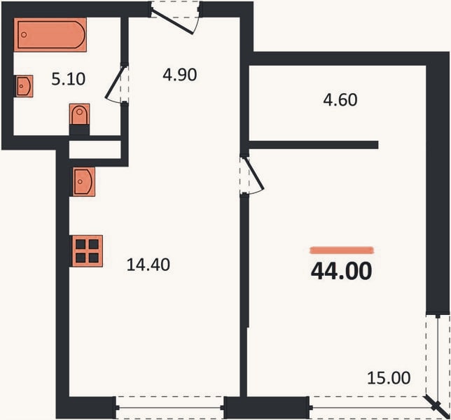 Планировка: 1-к, 44 м²