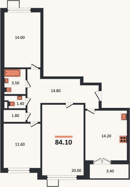 Планировка: 3-к, 84,1 м²