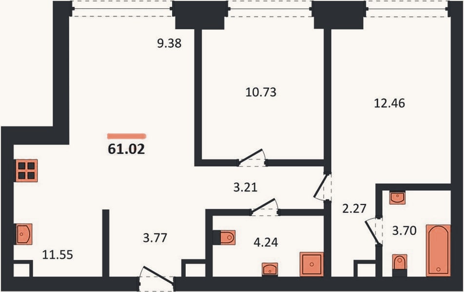 Планировка: 2-к, 61 м²