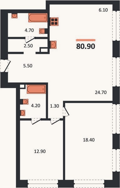Планировка: 2-к, 80,9 м²