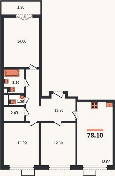 Планировка: 3-к, 78,1 м²