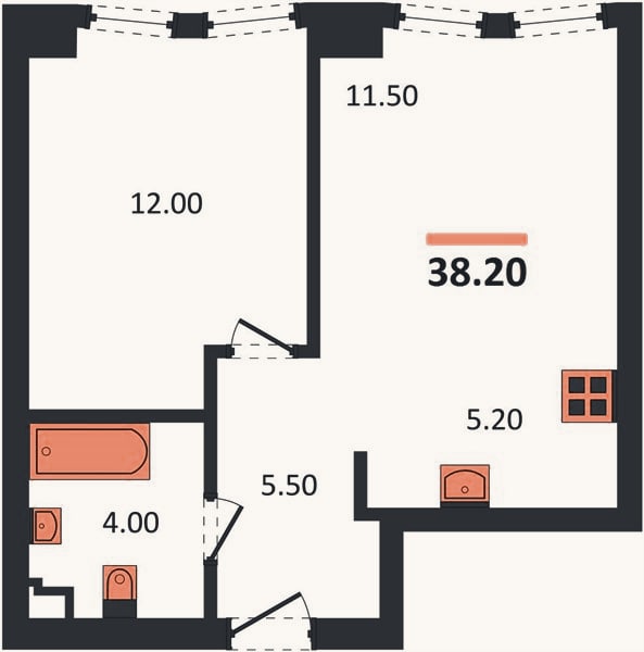 Планировка: 1-к, 38,2 м²