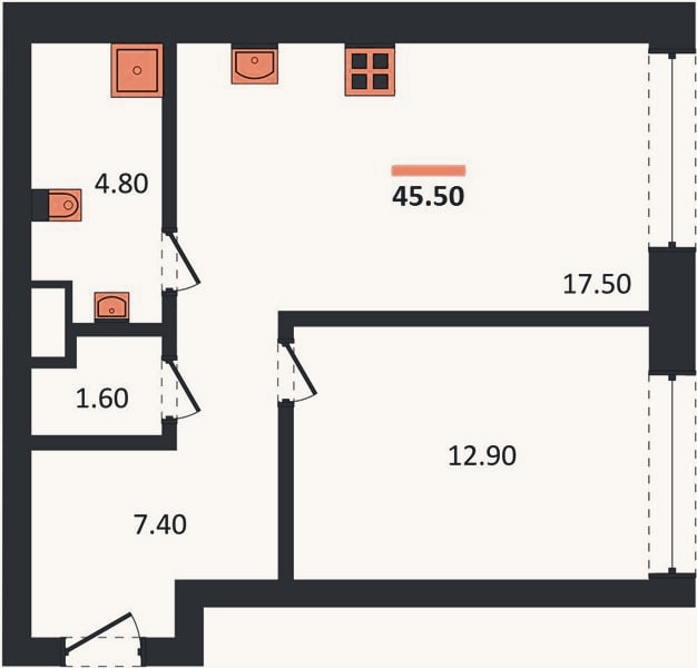 Планировка: 1-к, 45,4 м²