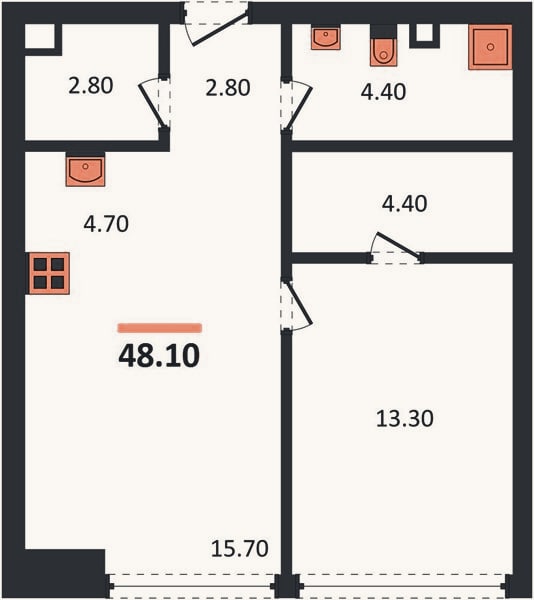 Планировка: 1-к, 48,1 м²