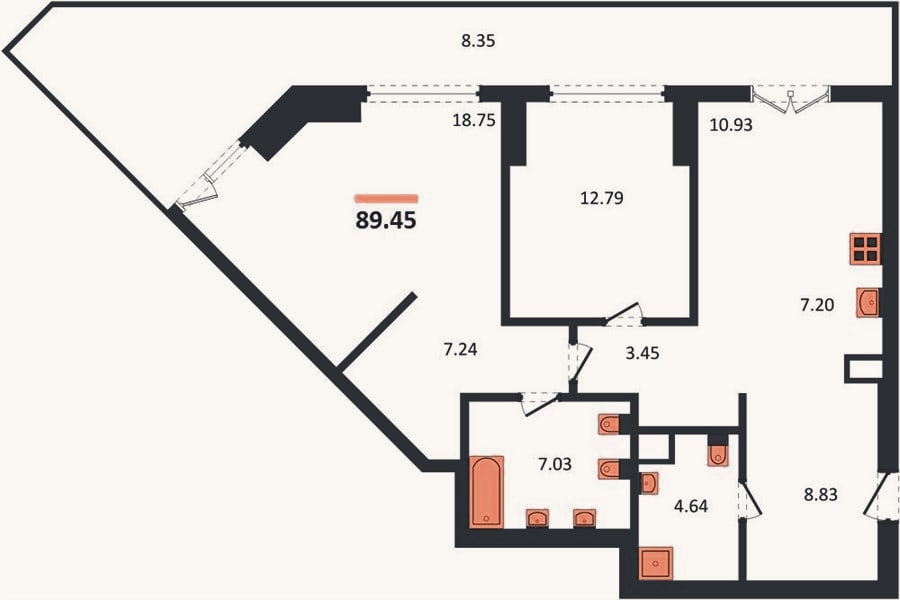 Планировка: 2-к, 89,5 м²