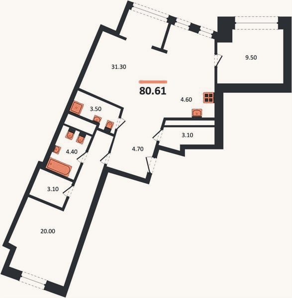 Планировка: 3-к, 80,6 м²