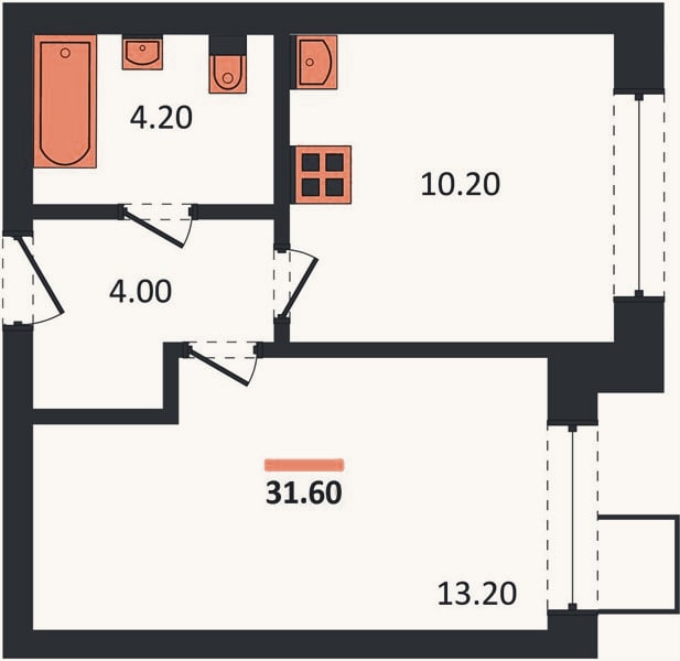 Планировка: 1-к, 31,6 м²