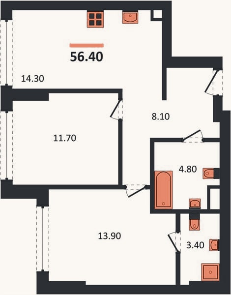 Планировка: 2-к, 56,4 м²