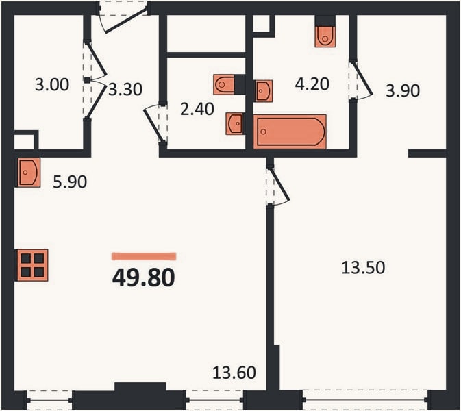 Планировка: 1-к, 49,8 м²