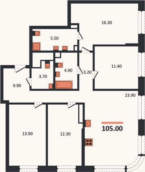 Планировка: 4+ к, 105 м²