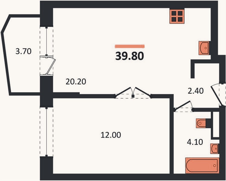Планировка: 1-к, 39,8 м²