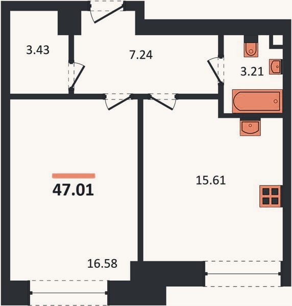 Планировка: 1-к, 47 м²