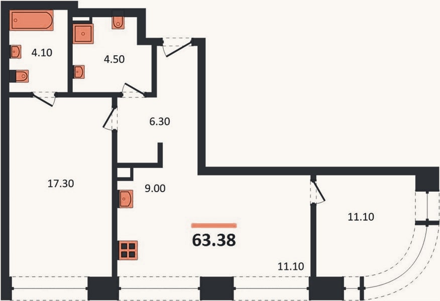 Планировка: 2-к, 63,4 м²