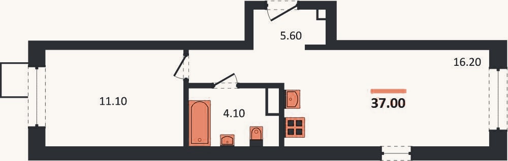 Планировка: 1-к, 37 м²