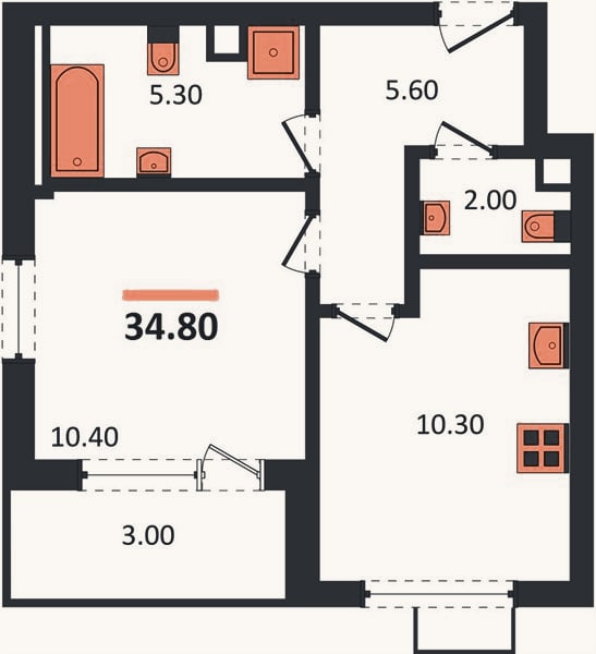 Планировка: 1-к, 34,8 м²