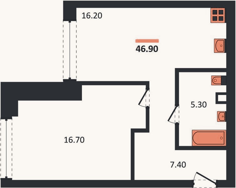Планировка: 1-к, 46,9 м²