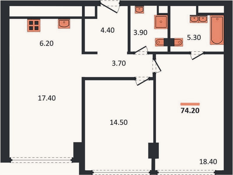 Планировка: 2-к, 74,2 м²
