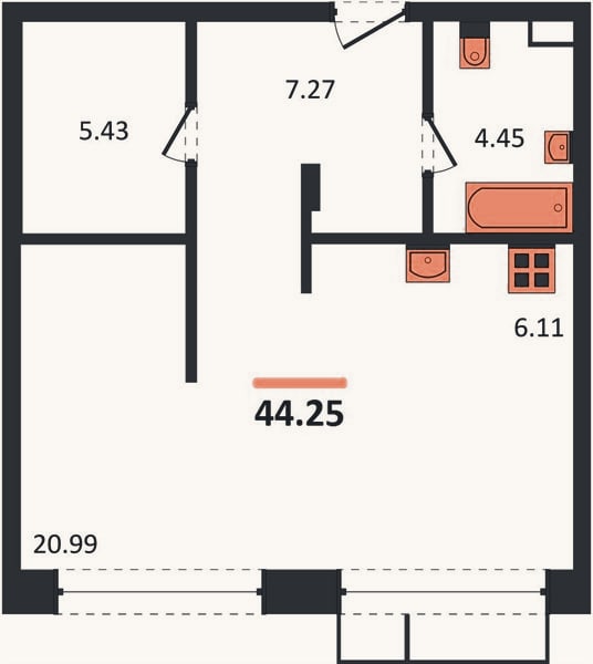Планировка: Студия, 44,3 м²