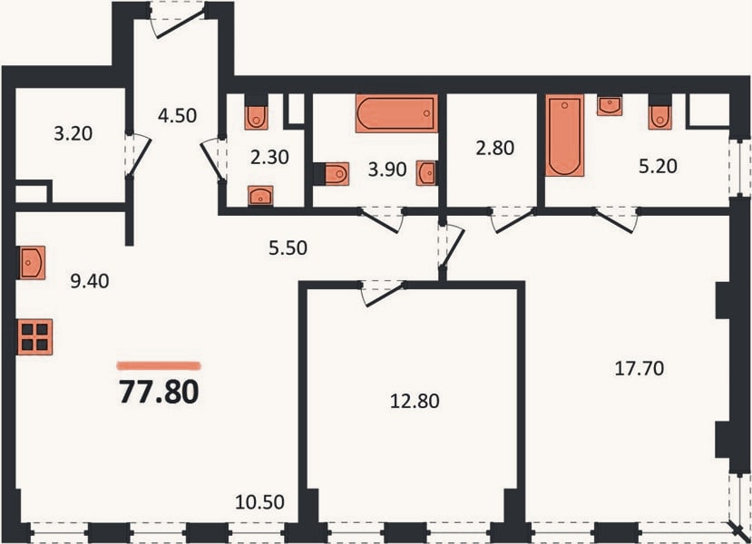 Планировка: 2-к, 77,8 м²