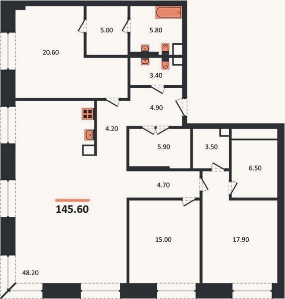 Планировка: 3-к, 145,6 м²