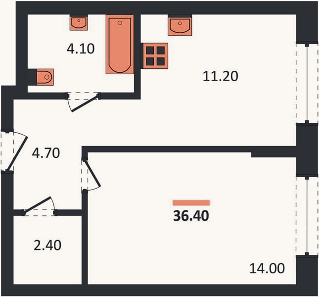 Планировка: 1-к, 36,4 м²