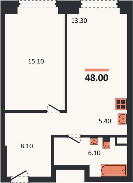 Планировка: 1-к, 48 м²