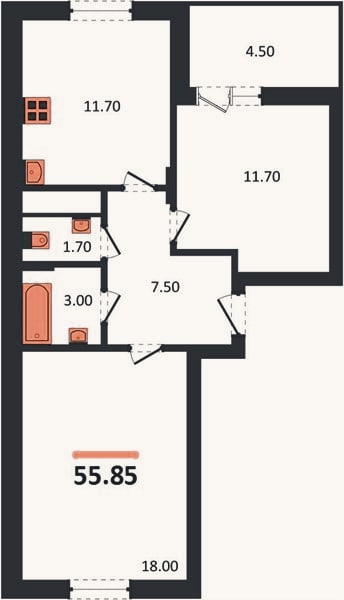 Планировка: 2-к, 55,9 м²