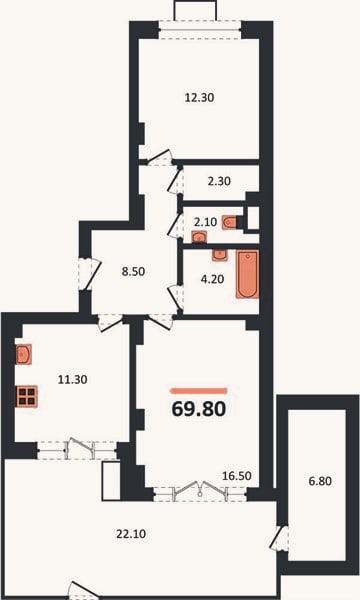 Планировка: 2-к, 69,8 м²