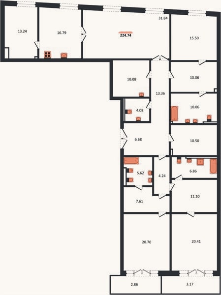 Планировка: 3-к, 224,7 м²