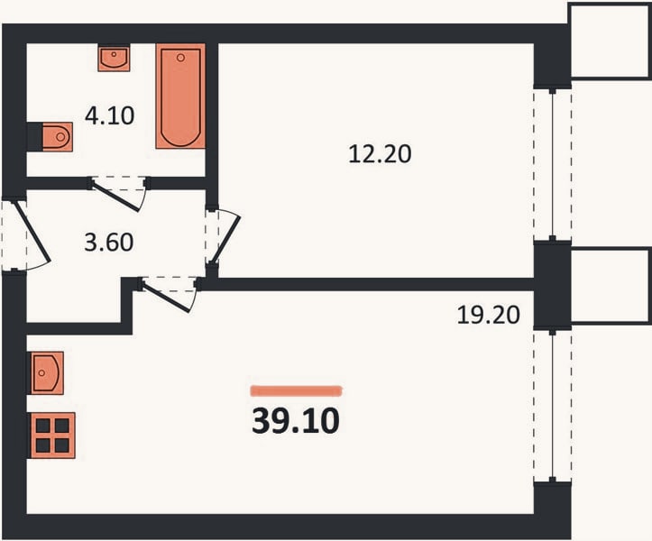 Планировка: 1-к, 39,1 м²