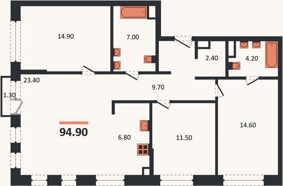 Планировка: 3-к, 94,9 м²