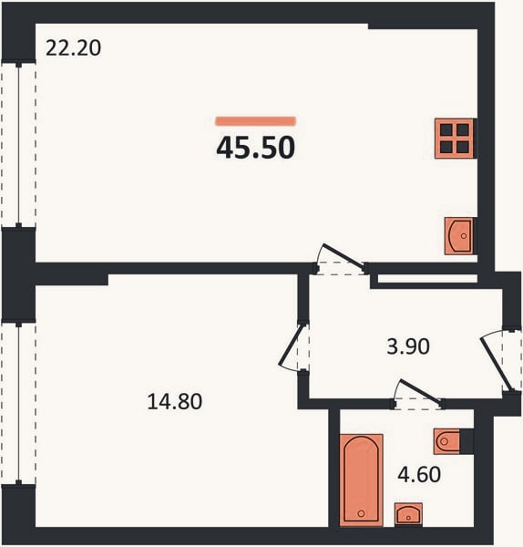 Планировка: 1-к, 45,5 м²