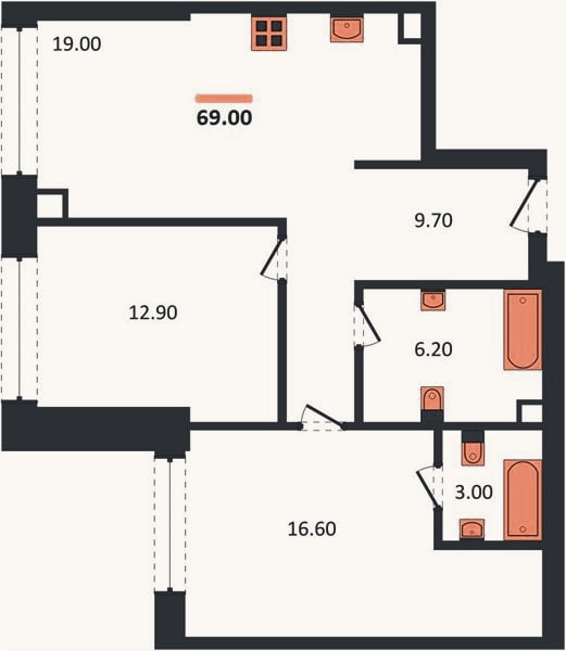 Планировка: 2-к, 69 м²