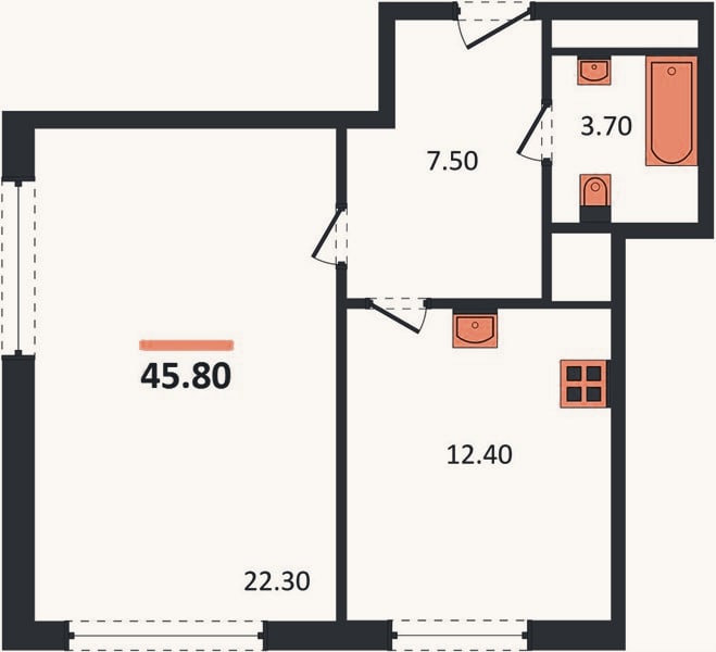 Планировка: 1-к, 45 м²