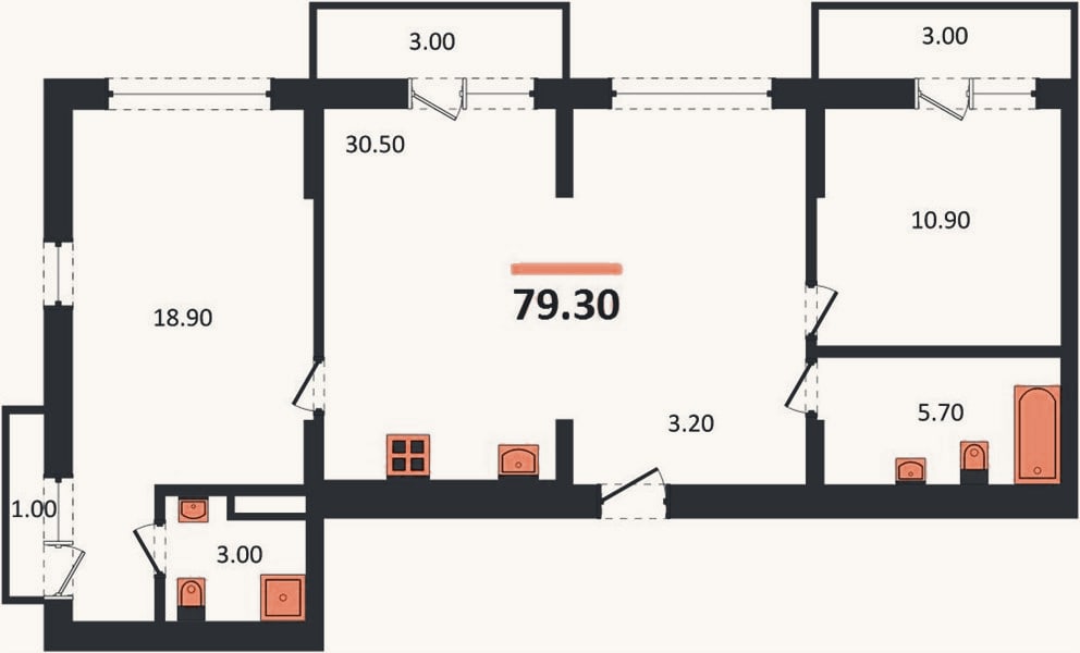 Планировка: 2-к, 79,3 м²