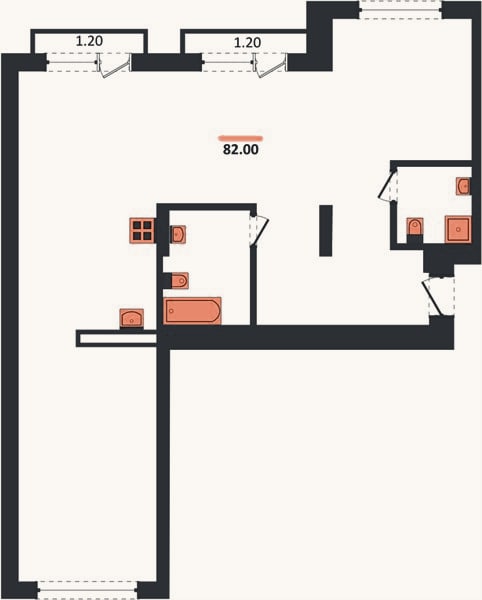 Планировка: 2-к, 82 м²