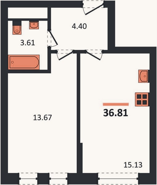 Планировка: 1-к, 36,8 м²