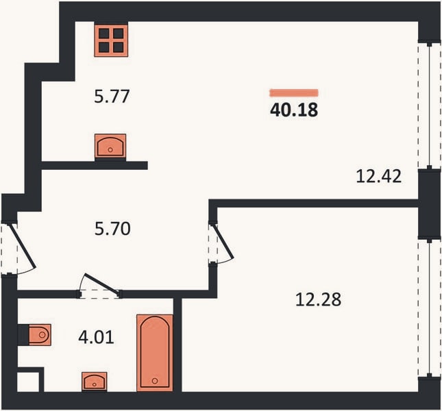 Планировка: 1-к, 40,2 м²