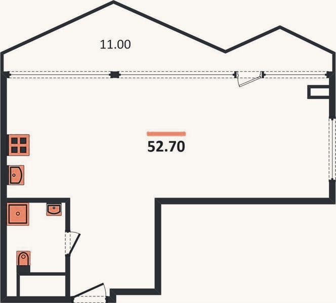 Планировка: 1-к, 52,7 м²