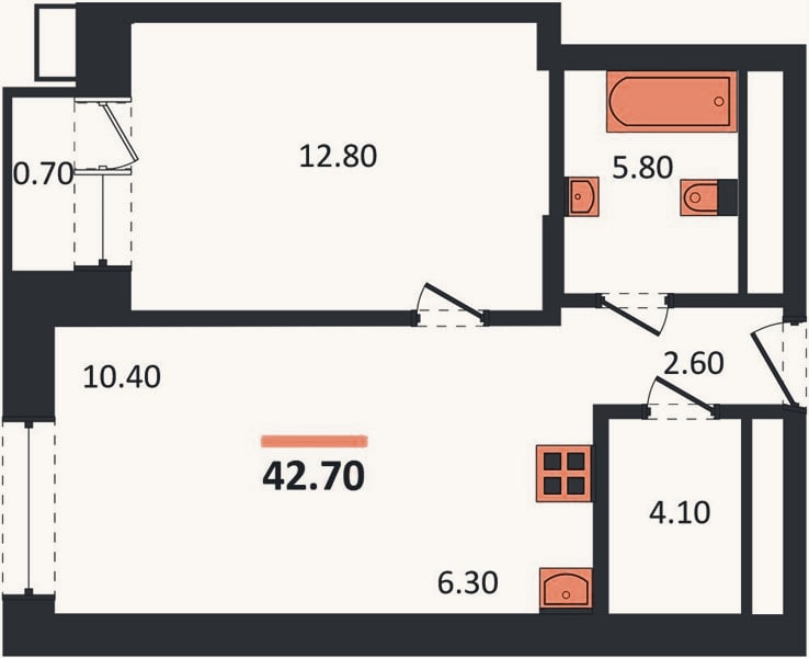 Планировка: 1-к, 42,7 м²