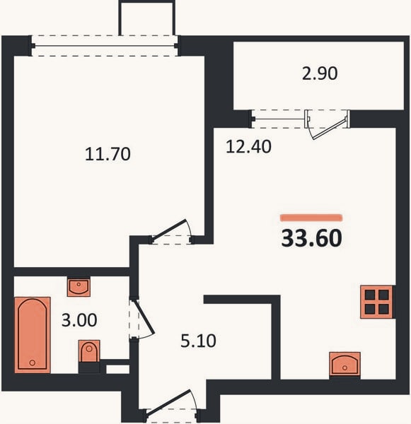 Планировка: 1-к, 33,6 м²