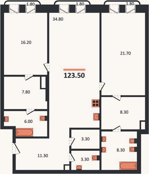 Планировка: 2-к, 123,5 м²