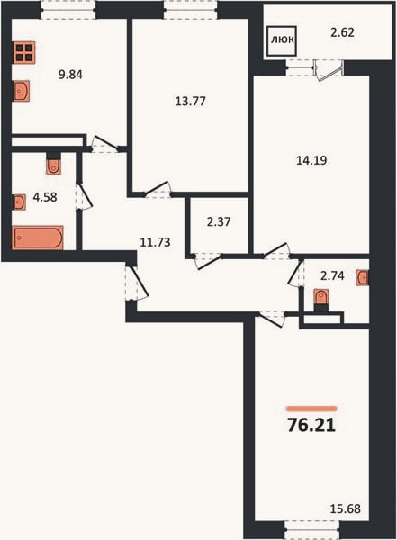 Планировка: 3-к, 76,2 м²