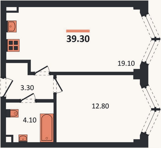 Планировка: 1-к, 39,3 м²