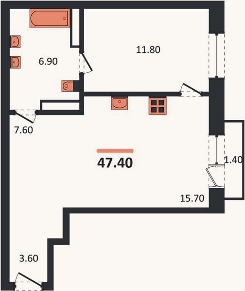 Планировка: 1-к, 47,4 м²