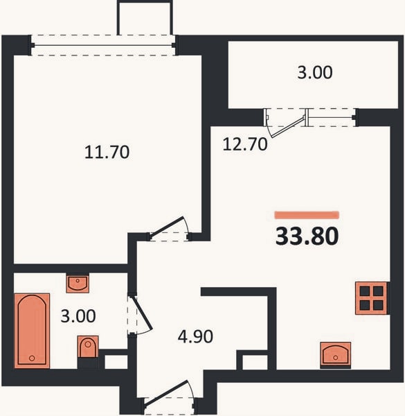 Планировка: 1-к, 33,8 м²
