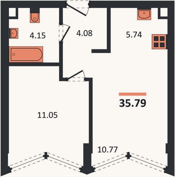 Планировка: 1-к, 35,8 м²