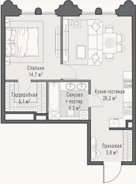 Планировка: 1-к, 58,4 м²