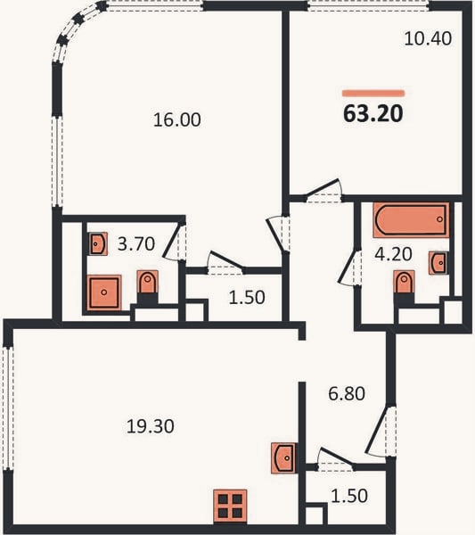 Планировка: 2-к, 63,2 м²